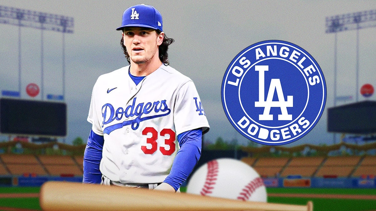 James Outman with Dodgers logo and Dodger Stadium in background
