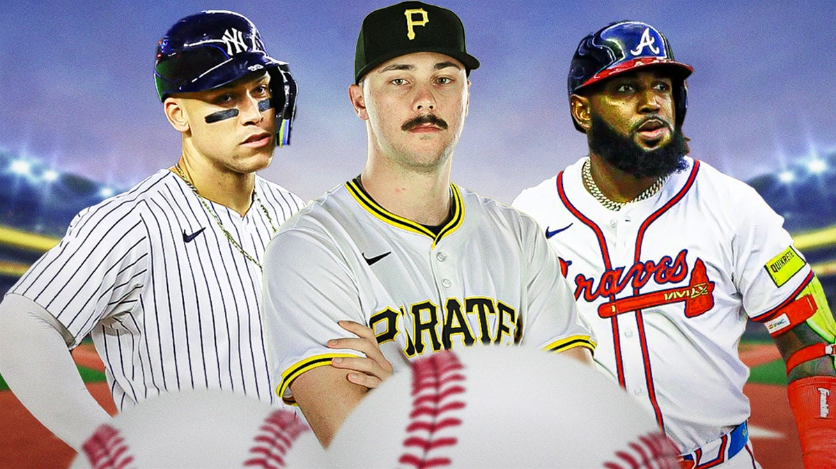 Paul Skenes in middle of image, Aaron Judge on one side and Marcell Ozuna on other side, baseball field in background