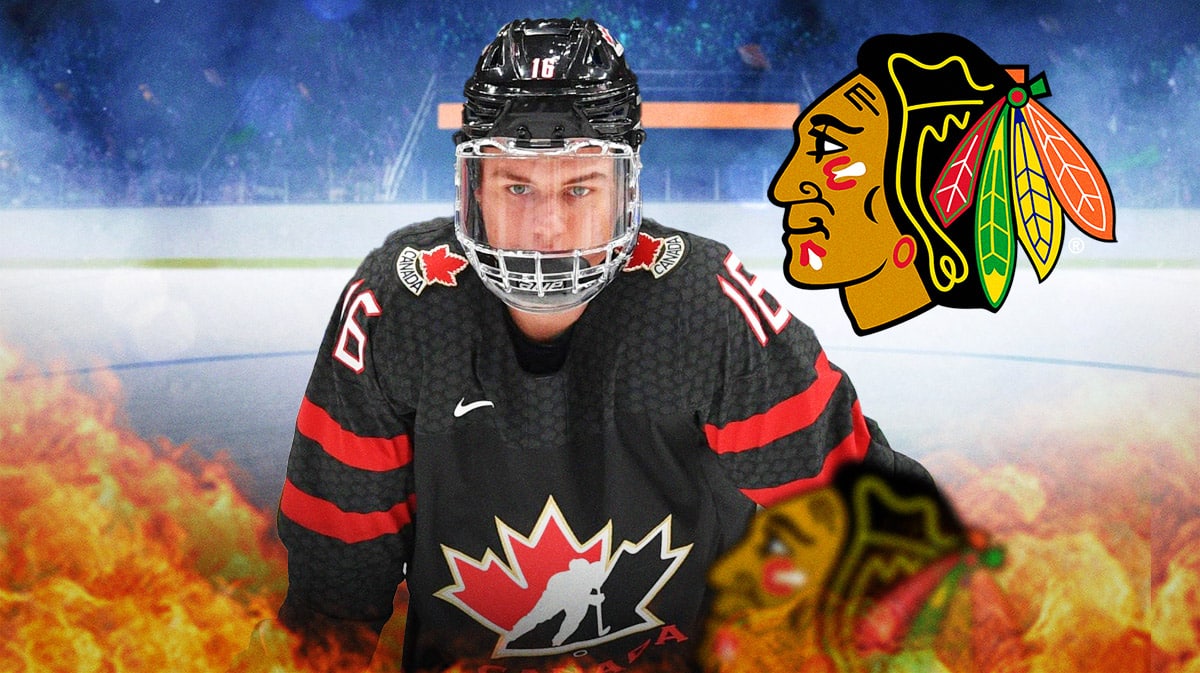 Connor Bedard looking happy with fire around him in a Team Canada jersey (he played for Canada today), Chicago Blackhawks logo, hockey rink in background
