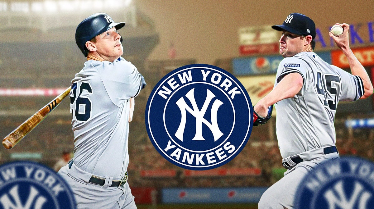 DJ LeMahieu swinging a bat and Gerrit Cole throwing a pitch next to a Yankees logo