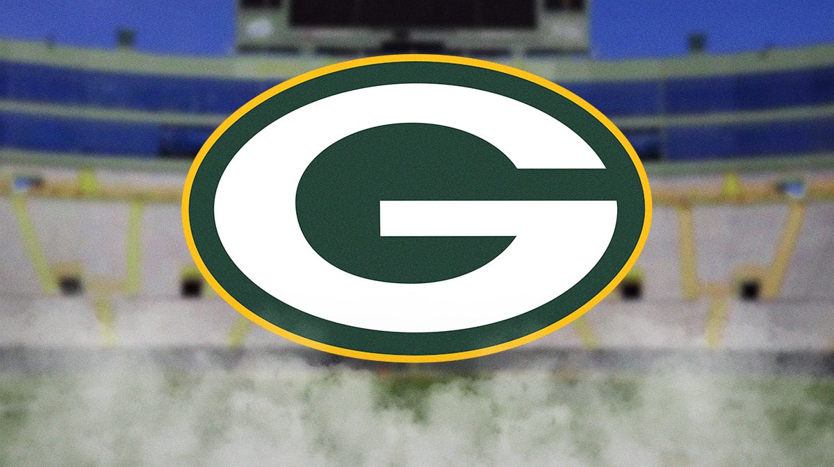Packers' logo sits in front of 2024 NFL season stadium with schedule in background, Dolphins, Thanksgiving Day fans sit in back