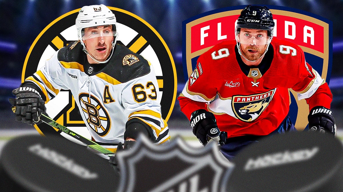 Brad Marchand and Sam Bennett both in image looking stern, BOS Bruins and FLA Panthers logos, hockey rink in background