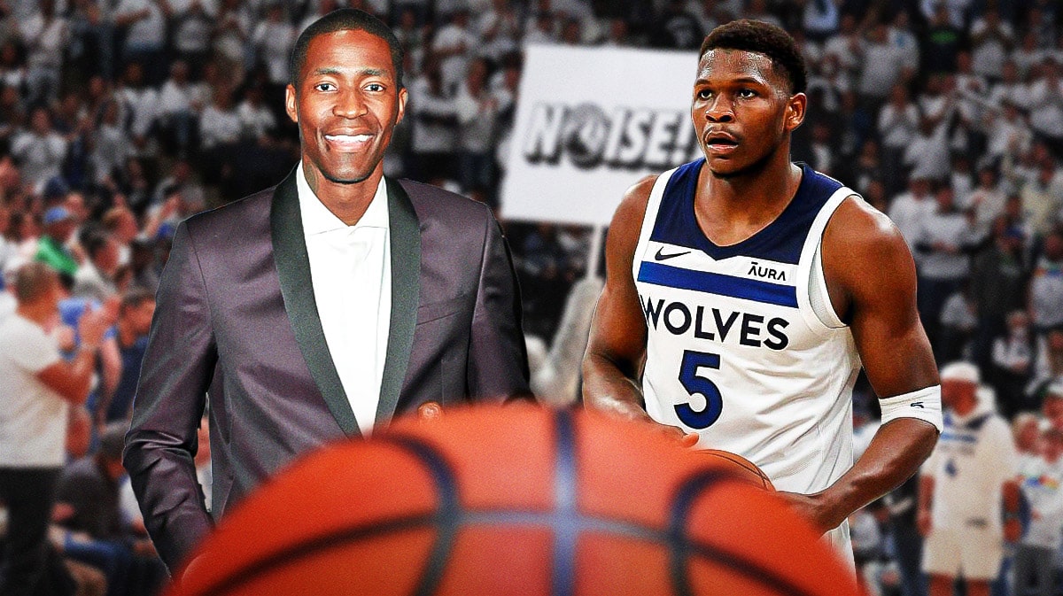 Minnesota Timberwolves star Anthony Edwards and former player Jamal Crawford in front of the Target Center.