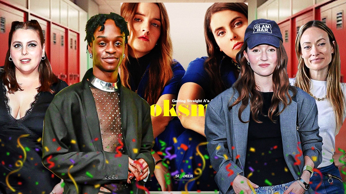 Booksmart poster and high school lockers background with stars Beanie Feldstein, Austin Crute, and Kaitlyn Dever with director Olivia Wilde.