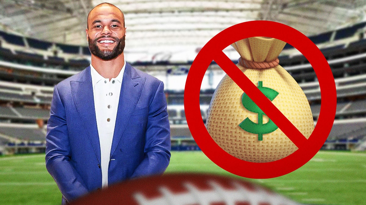 Cowboys' Dak Prescott next to a money bag emoji and a prohibited sign over the money bag.