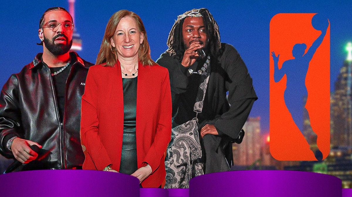 Rapper Drake and WNBA Commissioner Cathy Engelbert in the center, with Rapper Kendrick Lamar, with the city of Toronto and the WNBA logo