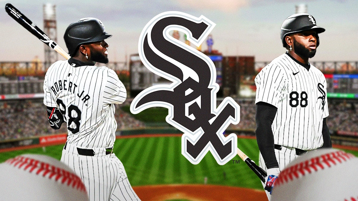 White Sox Luis Robert twice next to a White Sox logo