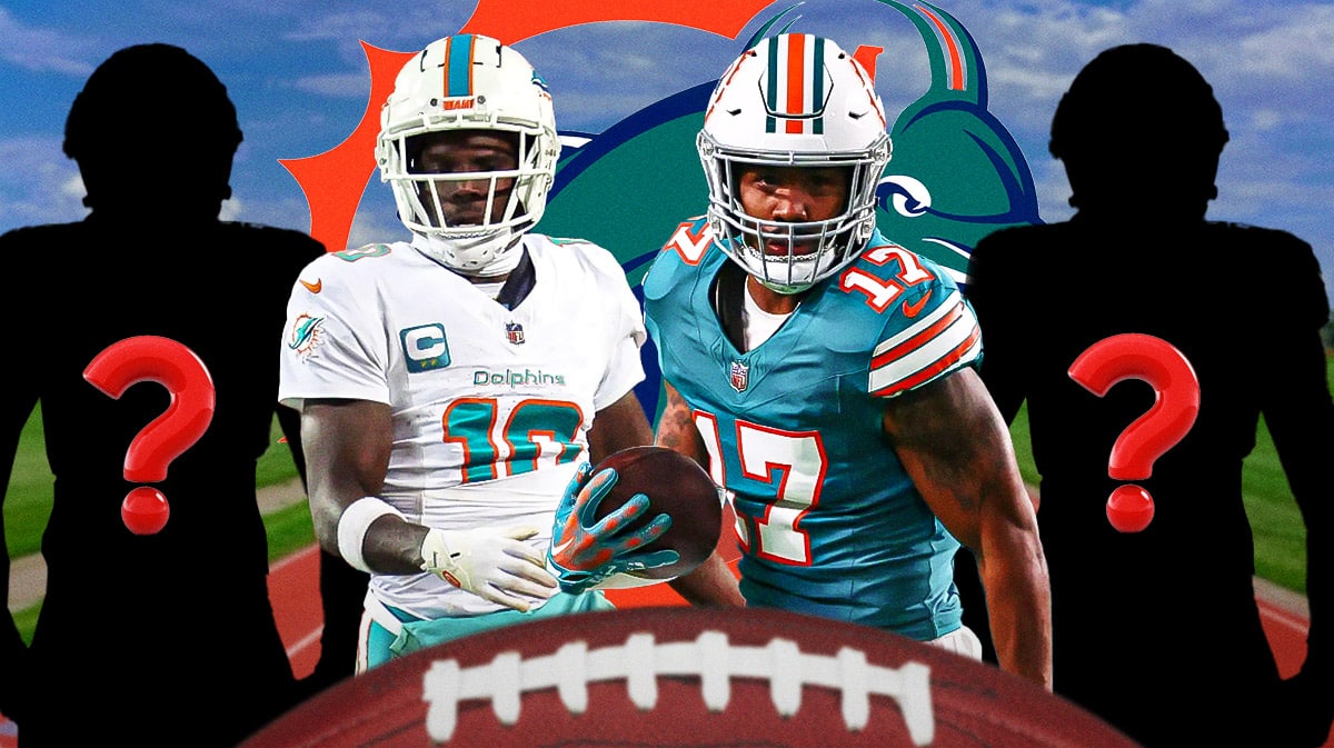 Miami Dolphins wide receiver Jaylen Waddle with receiver Tyreek Hill and two silhouettes of American football players with question marks in the middle. The background is a track field. There is also a logo for the Miami Dolphins.