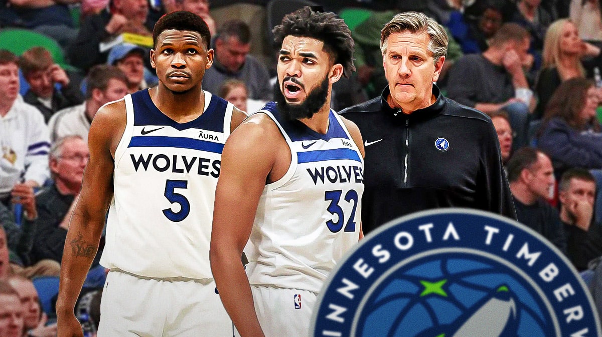 Minnesota Timberwolves stars Karl-Anthony Towns, Anthony Edwards and head coach Chris Finch in front of the Target Center.