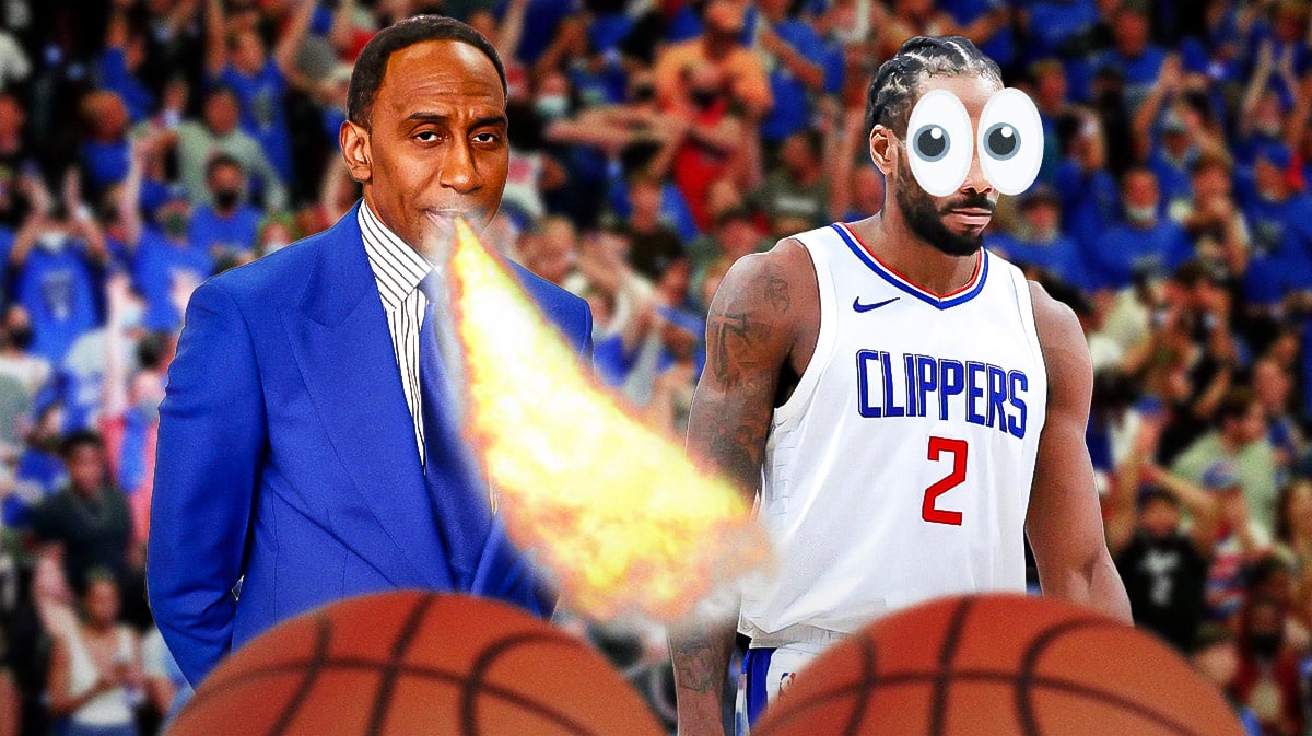 Stephen A. Smith on one side breathing fire, Kawhi Leonard on the other side with the big eyes emoji around him