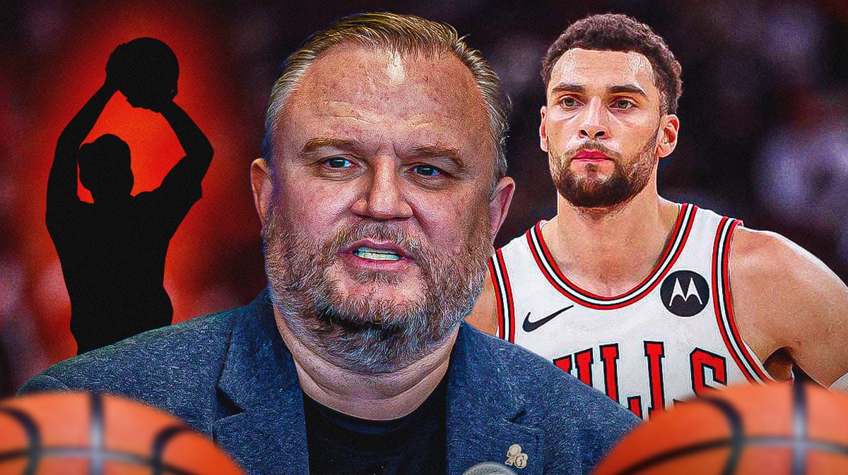 A player shooting the ball, 76ers' Daryl Morey and Bulls' Zach LaVine