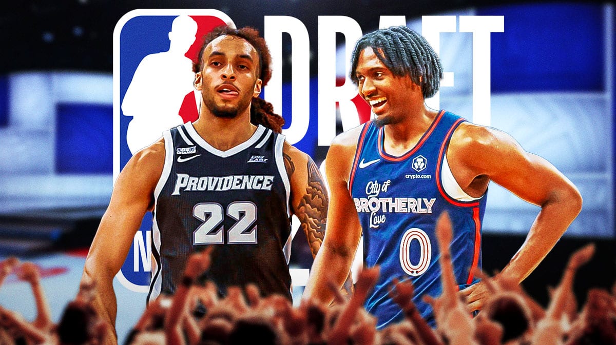 Devin Carter and 76ers' Tyrese Maxey with the NBA Draft logo in the background