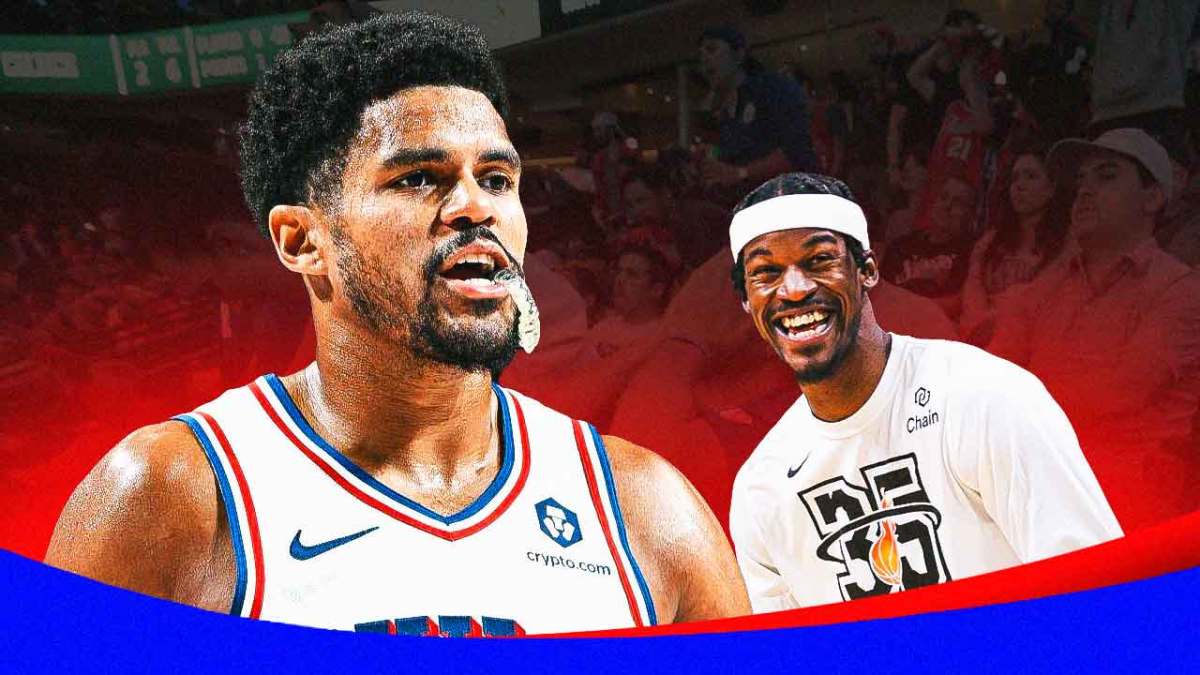 76ers' Tobias Harris looking sad, with angry fans in the background and Jimmy Butler laughing around Harris