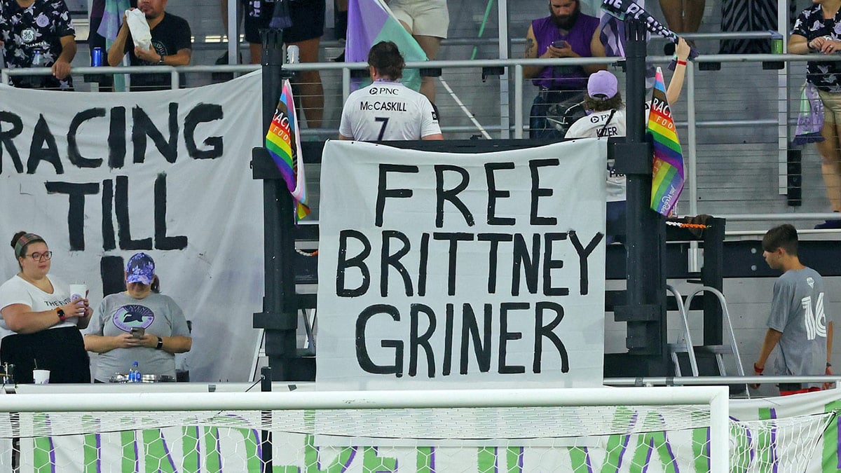A sign supporting Brittney Griner (not pictured), who has recently been sentenced to nine years in prison in Russia, is displayed during the first half of the game between the Washington Spirit and Racing Louisville FC.