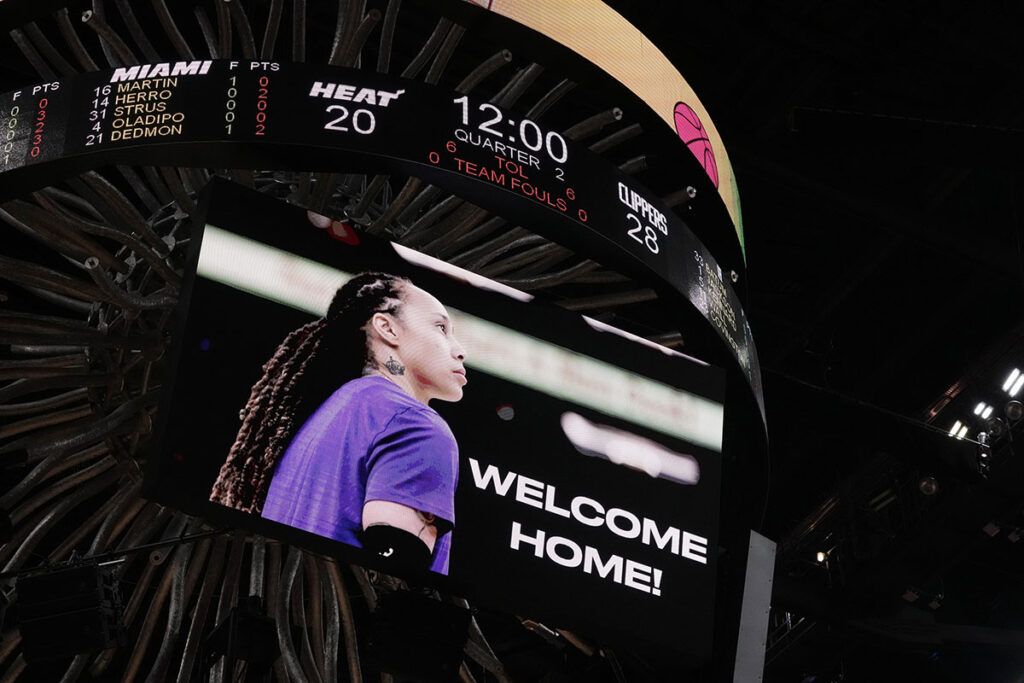 A welcome home graphic is displayed on the arena video board welcoming home WBNA star Brittney Griner, Griner was released from a Russian prison earlier in the day during prior to to the game between the Miami Heat and the LA Clippers.