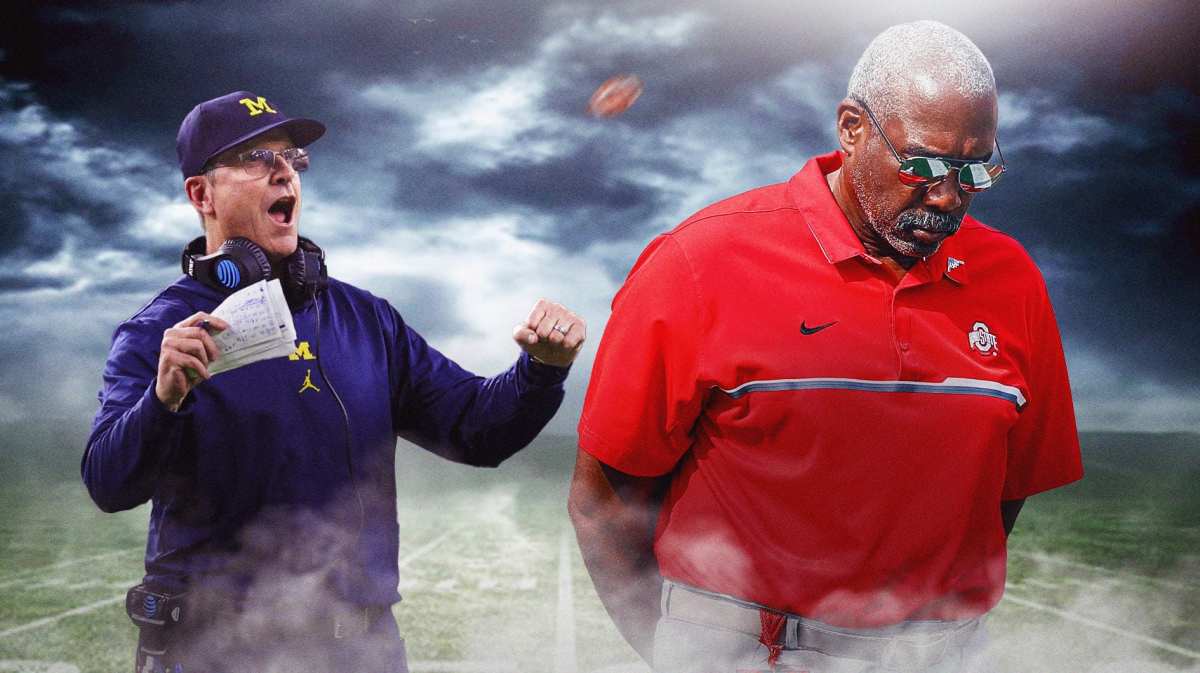 Ohio State football, Buckeyes, Michigan football, Wolverines, Gene Smith, Ohio State AD Gene Smith looking upset, Jim Harbaugh in Michigan gear smiling