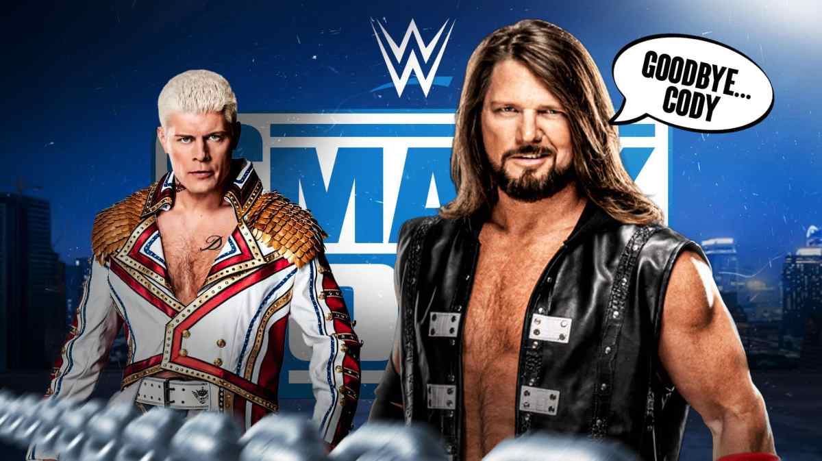 AJ Styles with a text bubble reading "Goodbye... Cody" next to Cody Rhodes with the SmackDown logo as the background.