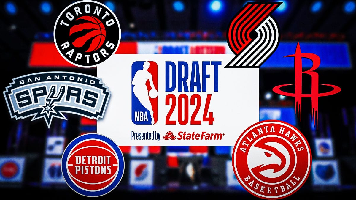 NBA Draft logo surrounded by Raptors, Spurs, Pistons, Trail Blazers, Rockets, and Hawks logos