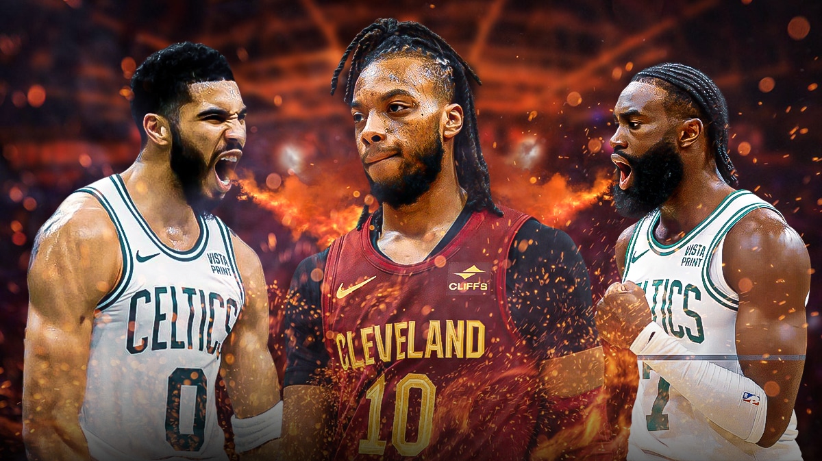 Cavs Darius Garland with Celtics Jayson Tatum and Jaylen Brown