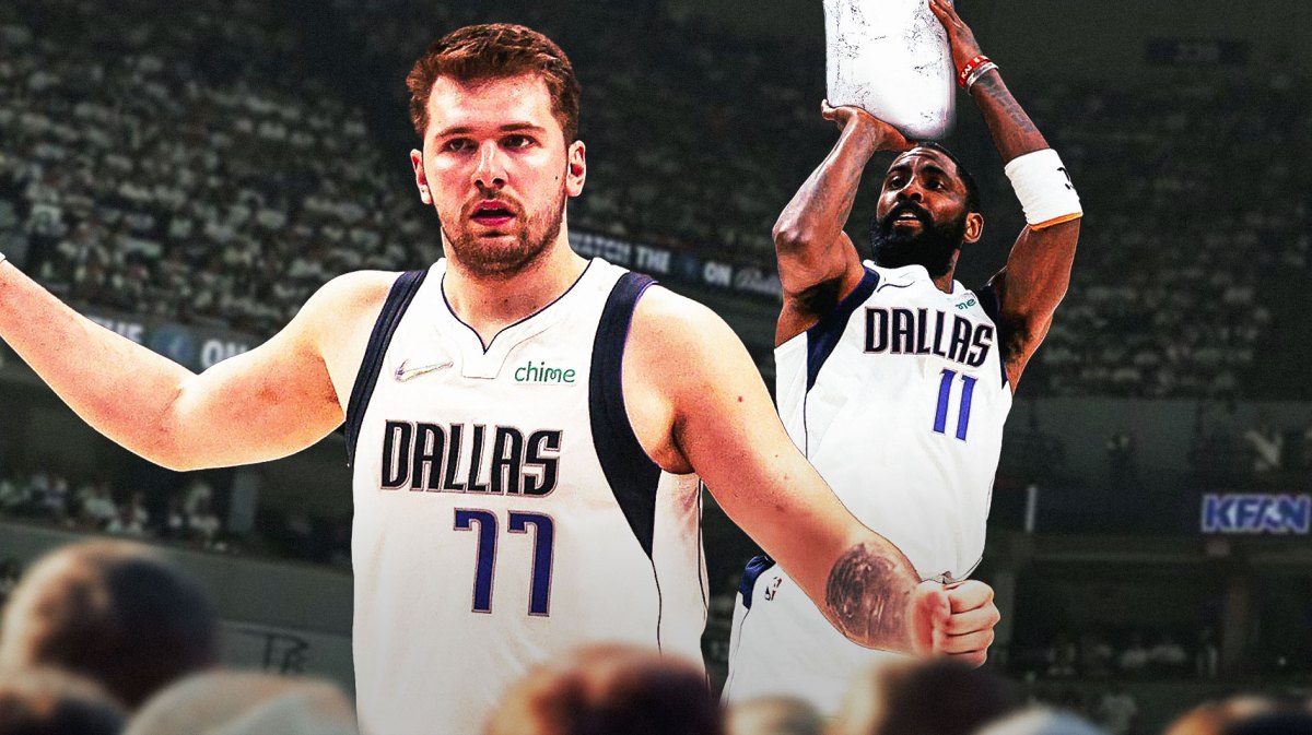 Mavericks' Kyrie Irving shooting a frozen brick, with Luka Doncic tired beside Irving