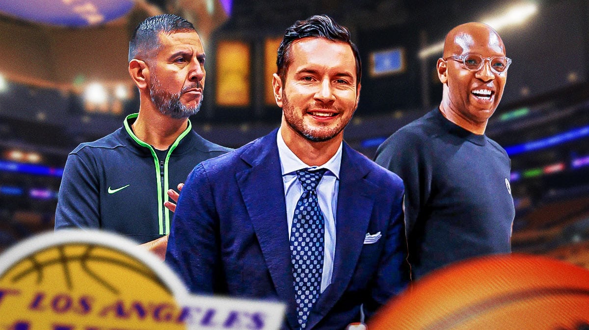 JJ Redick, Sam Cassell, and James Borrego with Lakers logo