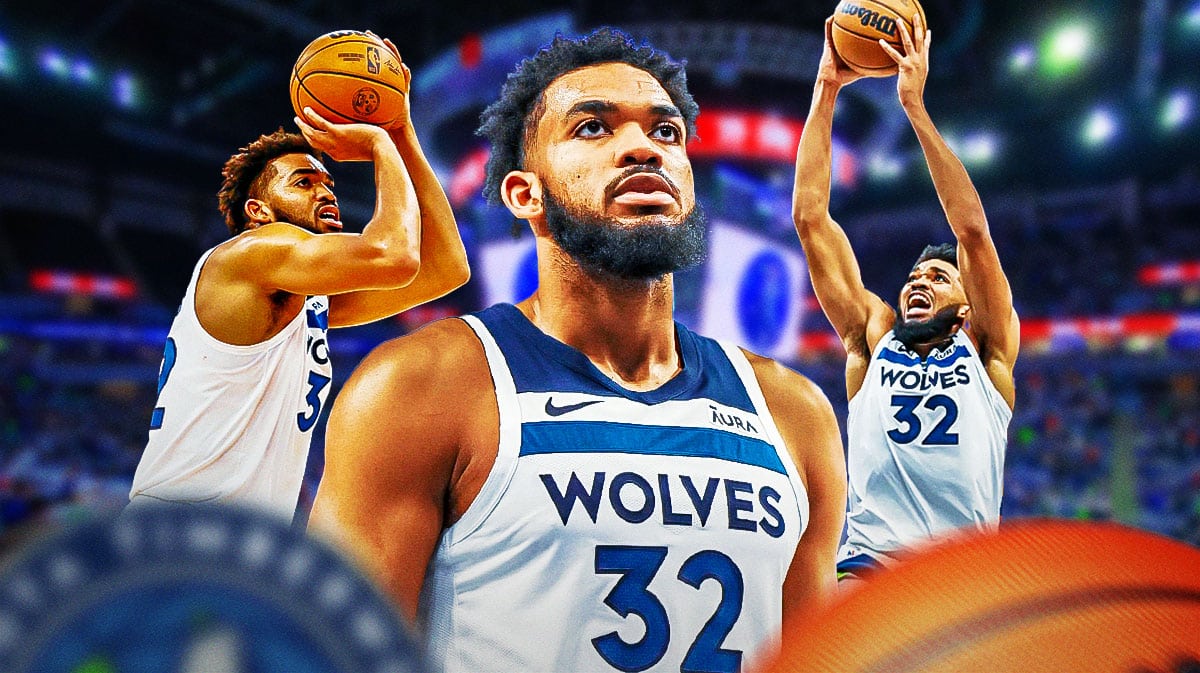 Timberwolves' Karl-Anthony Towns in front looking serious. In background on left, need Towns shooting a basketball. In background on right, need Towns dunking a basketball.