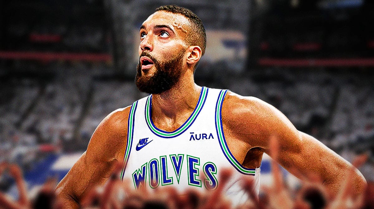 Timberwolves, Rudy Gobert, Rudy Gobert DPOY, Defensive Player of the Year, Timberwolves Nuggets, Rudy Gobert with Timberwolves arena in the background