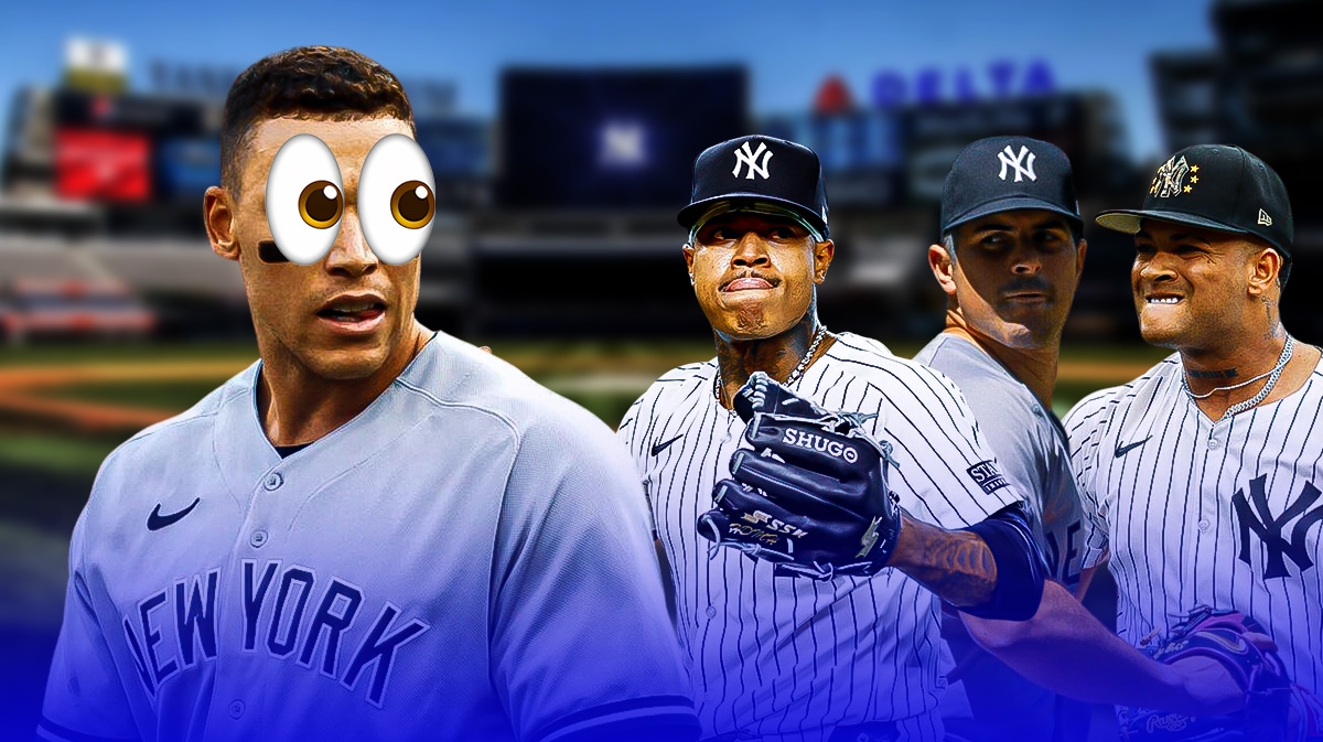 Yankees’ Aaron Judge with his eyes popping towards Marcus Stroman, Carlos Rodon, and Luis Gil