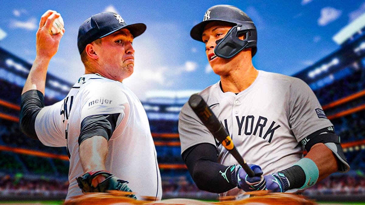 Tigers' Tarik Skubal pitching a baseball to Yankees' Aaron Judge who should be swinging a baseball bat.