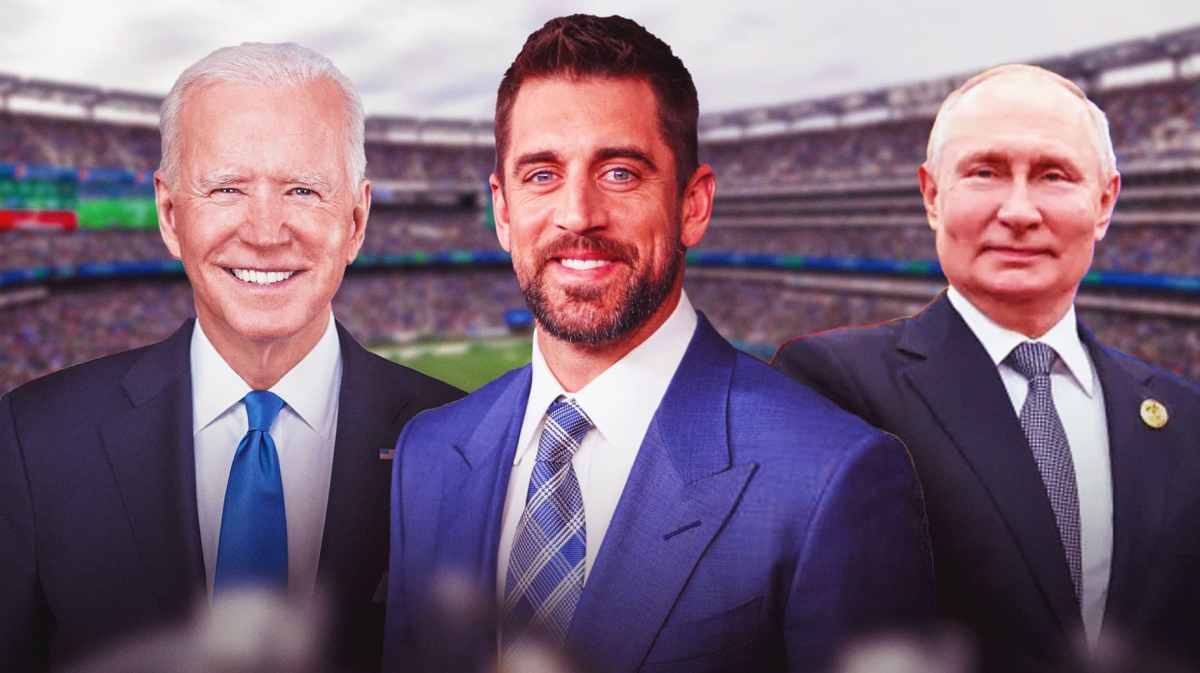 Jets' Aaron Rodgers stands next to presidents Joe Biden and Vladimir Putin