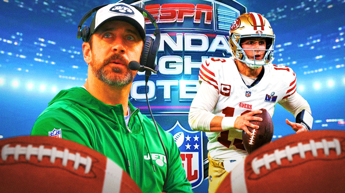 Jets' Aaron Rodgers vs. 49ers' Brock Purdy with Monday Night Football logo