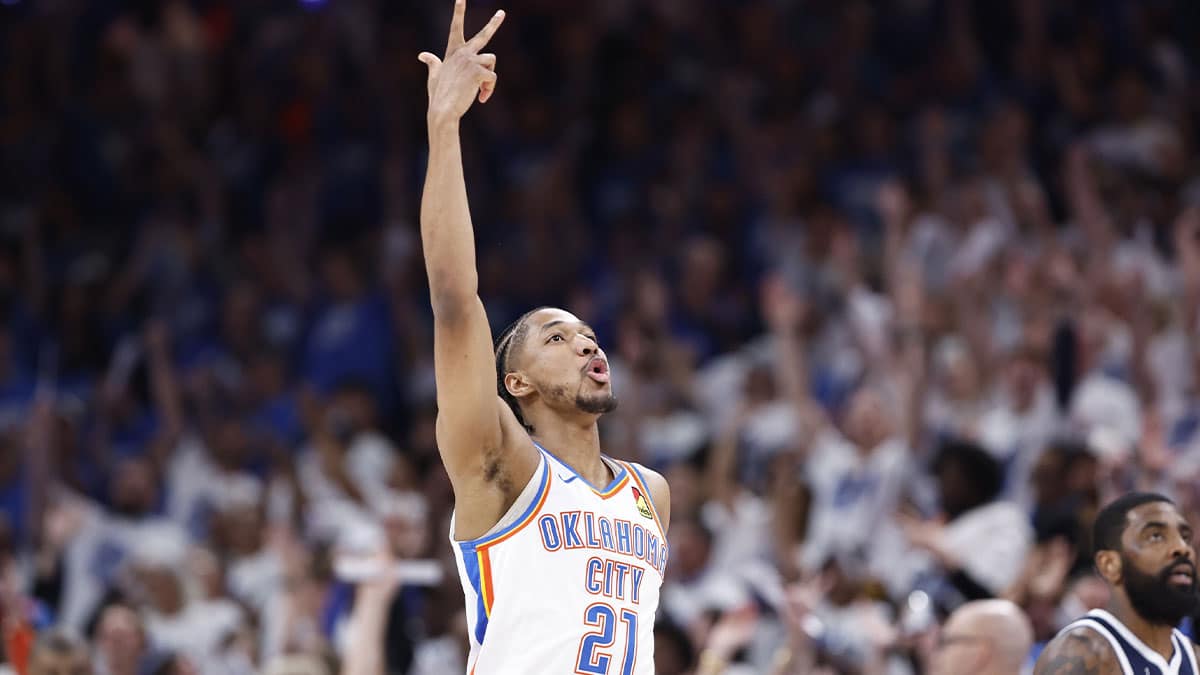 Oklahoma City Thunder guard Aaron Wiggins (21) gestures after scoring a three-point basket against the Dallas Mavericks during the second half of game one of the second round for the 2024 NBA playoffs at Paycom Center.