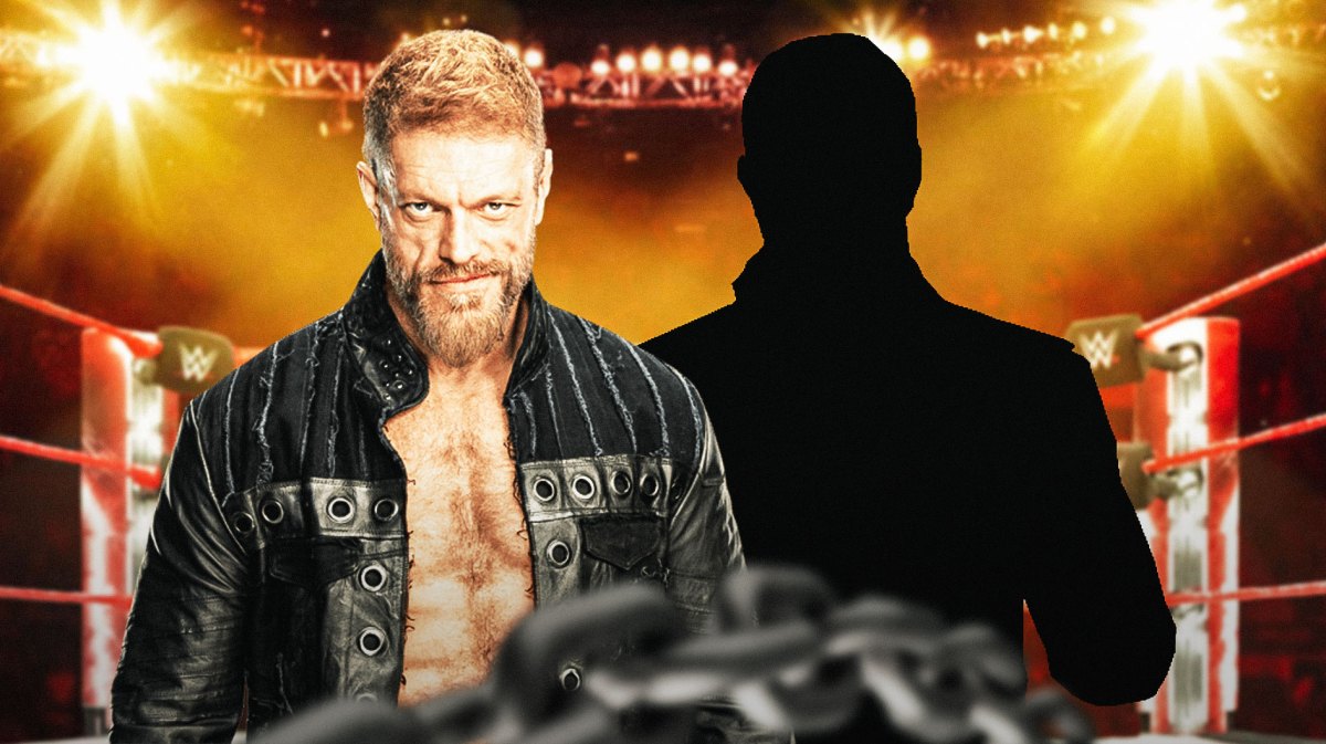 Adam Copeland next to the blacked-out silhouette of Edge inside a professional wrestling ring.