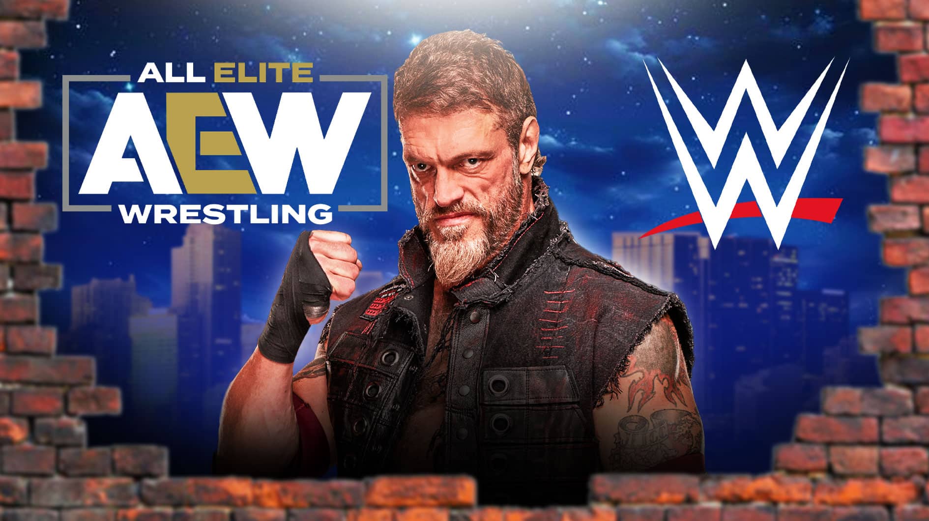 Adam Copeland with the AEW logo on his left and the WWE logo on his right.