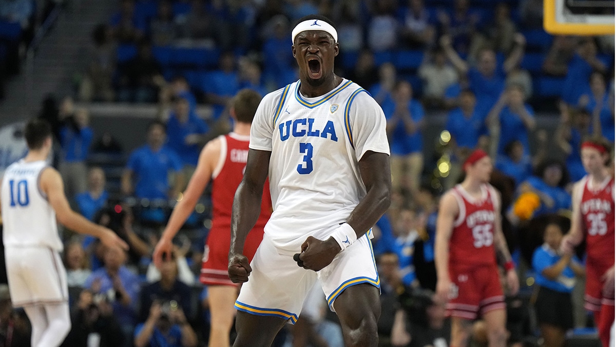 UCLA Bruins forward Adem Bona (3) reacts against the Utah Utes in the first half at Pauley Pavilion presented by Wescom. 
