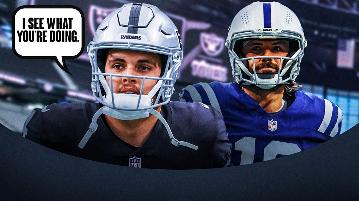 Las Vegas Raiders QBs Aidan O’Connell and Gardner Minshew. O’Connell has a speech bubble that says “I see what you’re doing.”