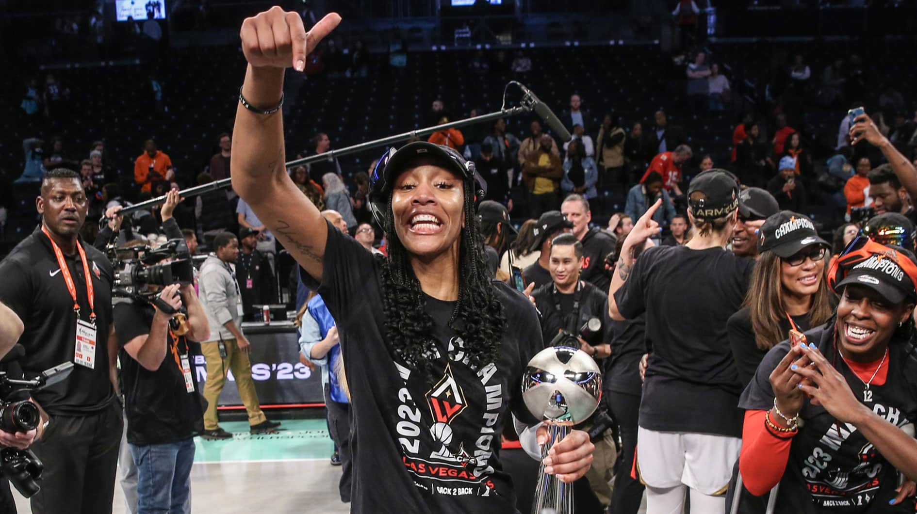 Las Vegas Aces forward A'ja Wilson (22) celebrates after winning thhe 2023 WNBA Finals at Barclays Center.