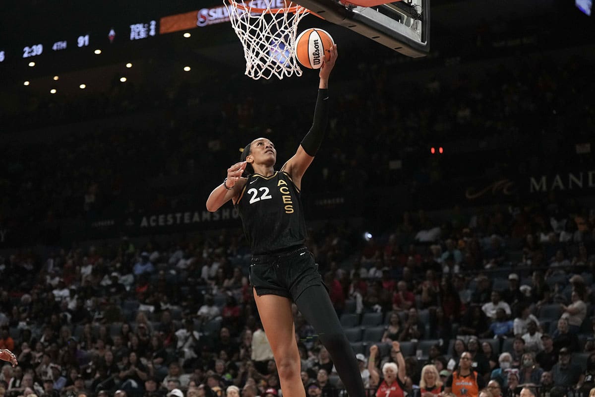 Las Vegas Aces center A'ja Wilson (22) shoots the ball against the Dallas Wings during game one of the 2023 WNBA Semifinals at Michelob Ultra Arena. The Aces defeated the Wings 97-83. 