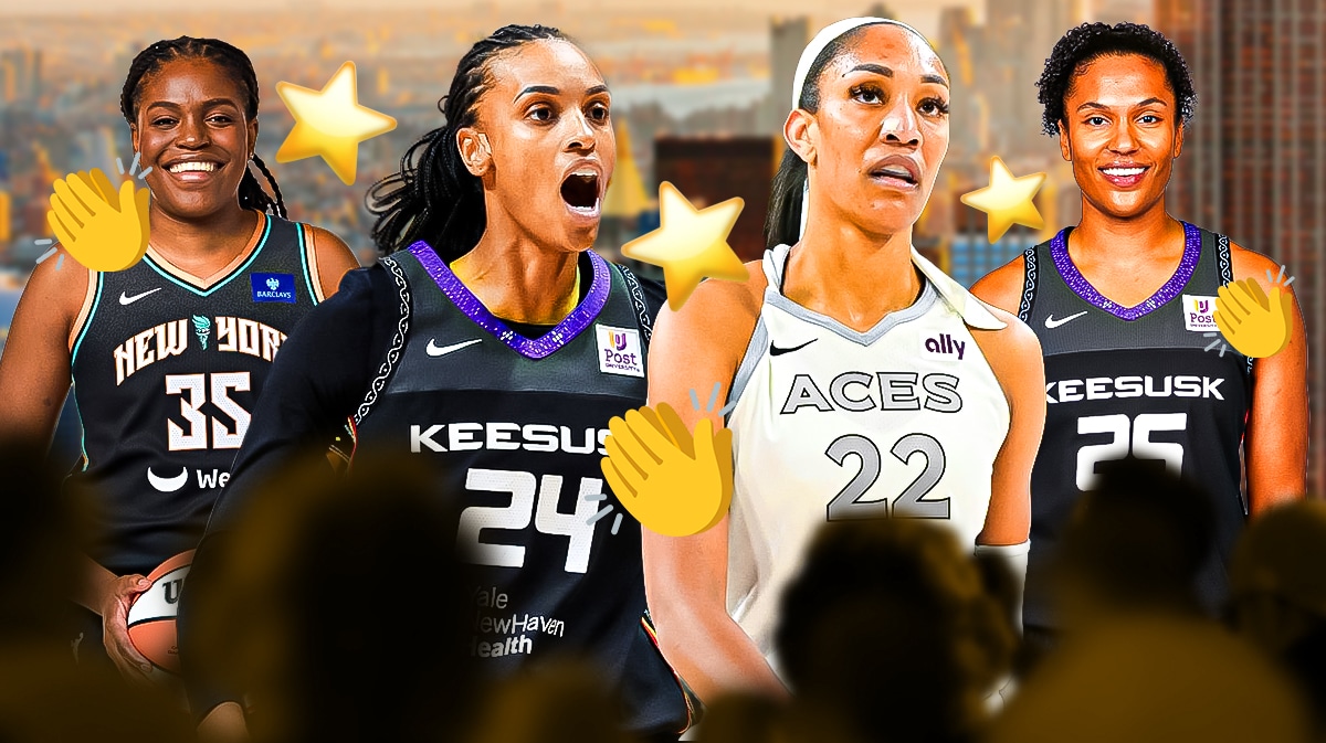 Las Vegas Aces player A'ja Wilson, Connecticut Sun player DeWanna Bonner, New York Liberty player Jonquel Jones and Connecticut Sun player Alyssa Thomas, stars and the clapping hands emoji surrounding the players