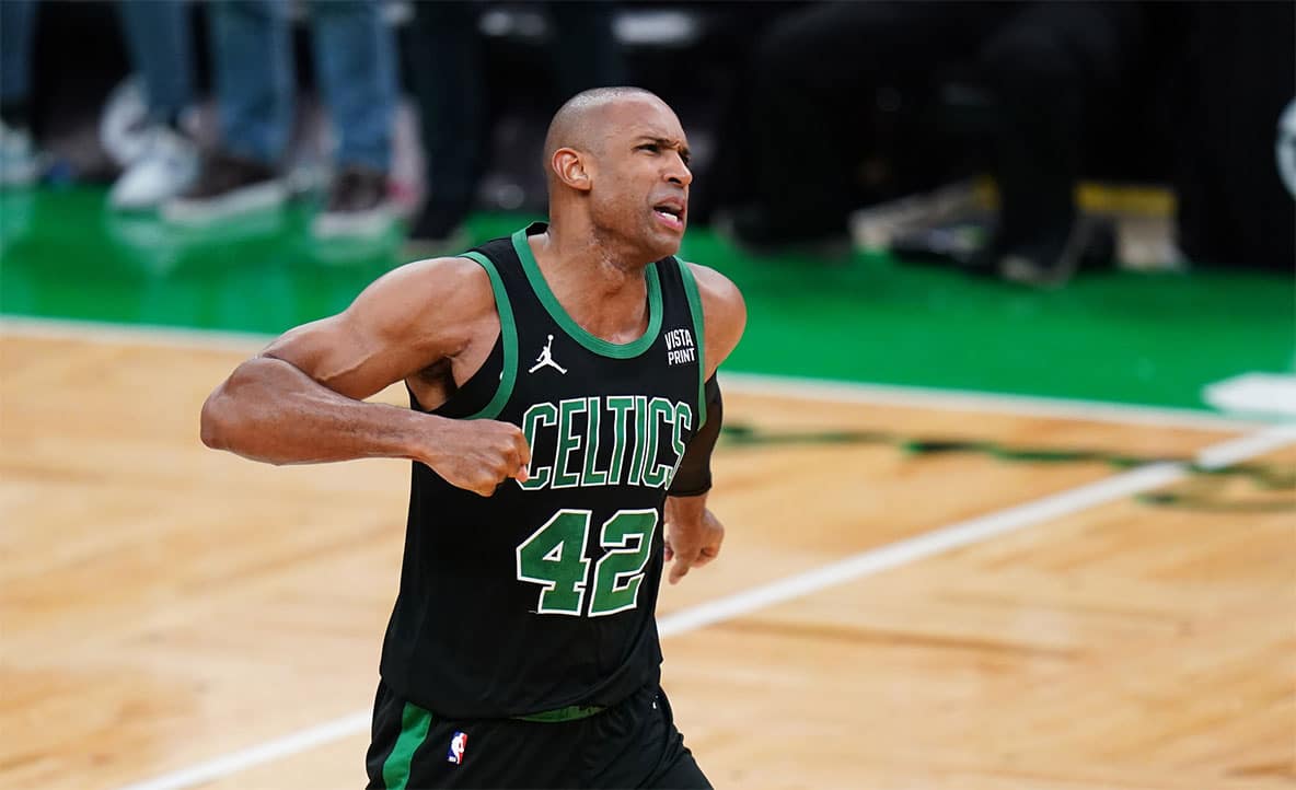 Boston Celtics center Al Horford (42) reacts after his three point basket against the Cleveland Cavaliers in the fourth quarter during game five of the second round for the 2024 NBA playoffs at TD Garden.