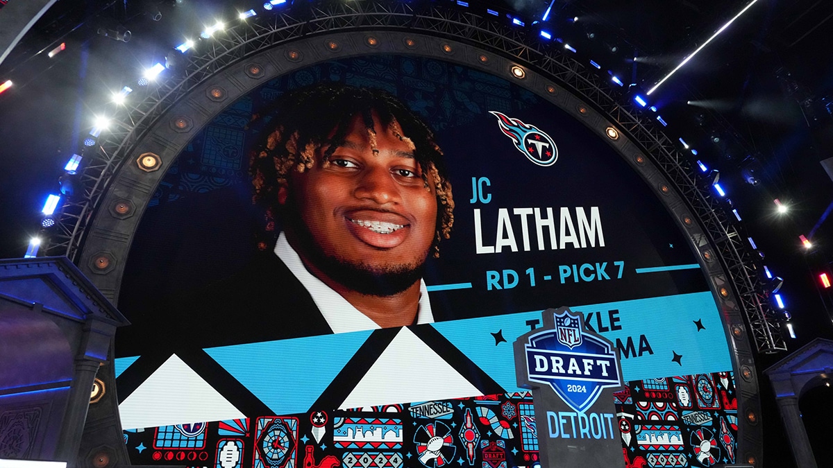 Alabama Crimson Tide tackle JC Latham (J.C Latham) is selected as the No. 7 pick of the first round by the Tennessee Titans during the 2024 NFL Draft