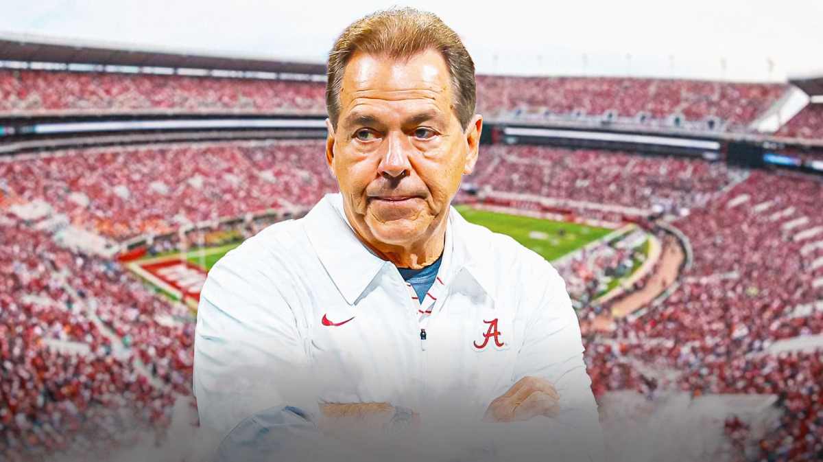 Alabama football, Crimson Tide, Nick Saban, NIL, College football, Nick Saban with Alabama football stadium in the background