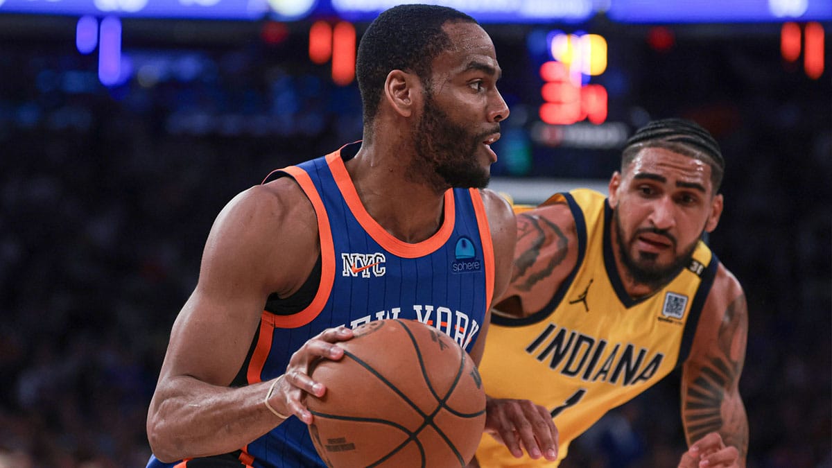 New York Knicks guard Alec Burks (18) dribbles against Indiana Pacers forward Obi Toppin (1) during the second half during game five of the second round for the 2024 NBA playoffs at Madison Square Garden.
