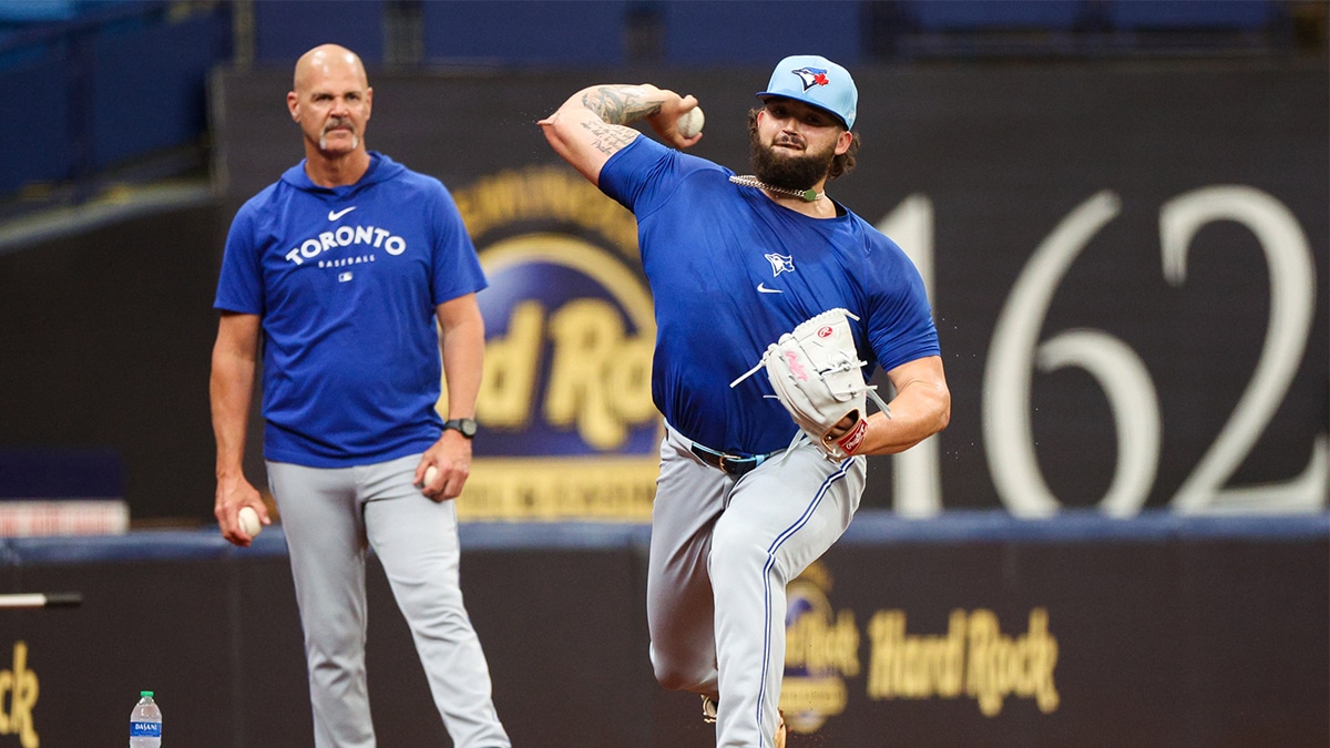 Toronto Blue Jays pitcher Alek Manoah (6) throws a bullpen session before a game against the Tampa Bay Rays at Tropicana Field. 