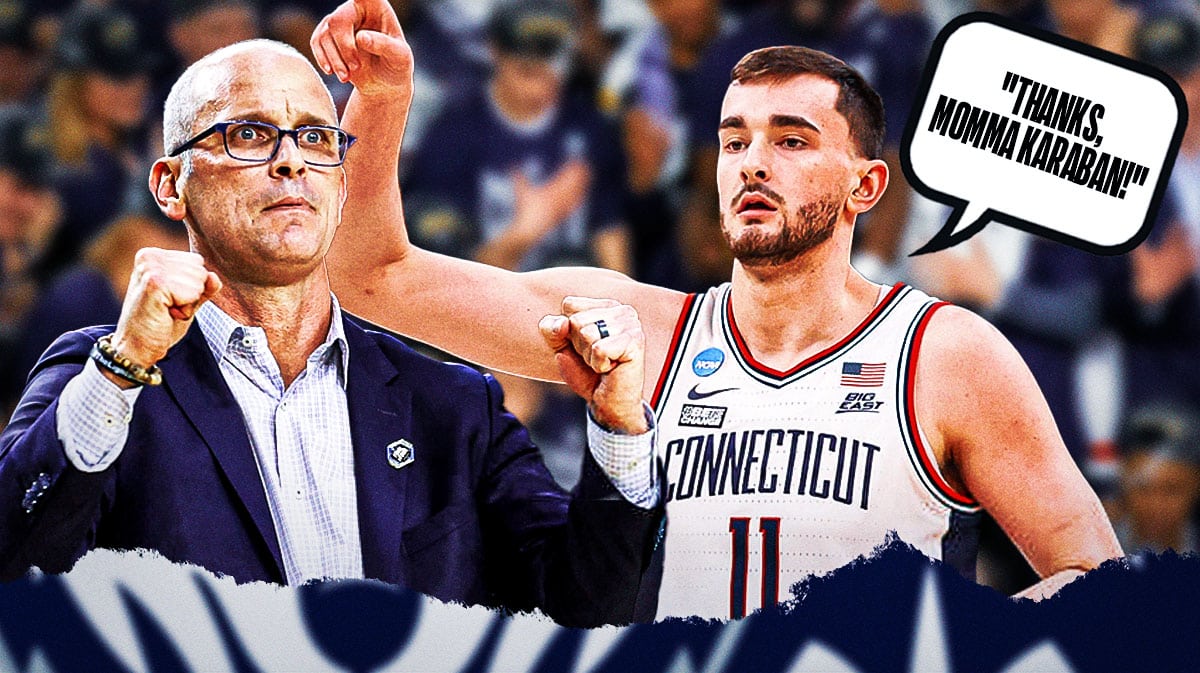 UConn head coach Dan Hurley and Alex Karaban, who is thanking his mother
