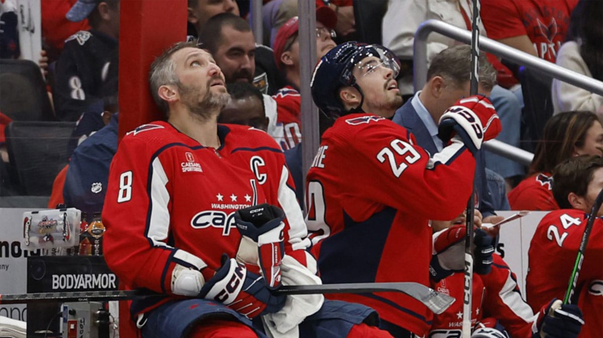 Washington Capitals left wing Alex Ovechkin (8) and Capitals center Hendrix Lapierre (29) look up at the scoreboard during a timeout against the New York Rangers in the third period in game three of the first round of the 2024 Stanley Cup Playoffs at Capital One Arena.
