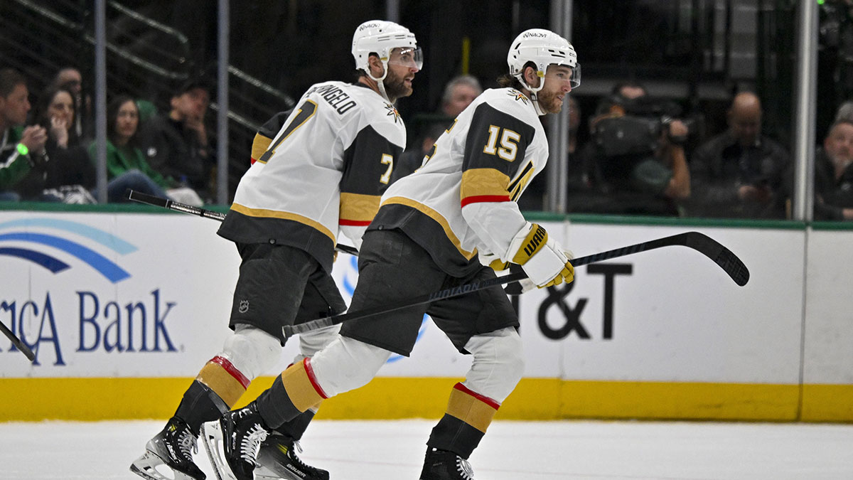 Vegas Golden Knights defenseman Alex Pietrangelo (7) and defenseman Noah Hanifin (15) skate of the ice after Hanifin scores against the Dallas Stars during the second period in game two of the first round of the 2024 Stanley Cup Playoffs at American Airlines Center.