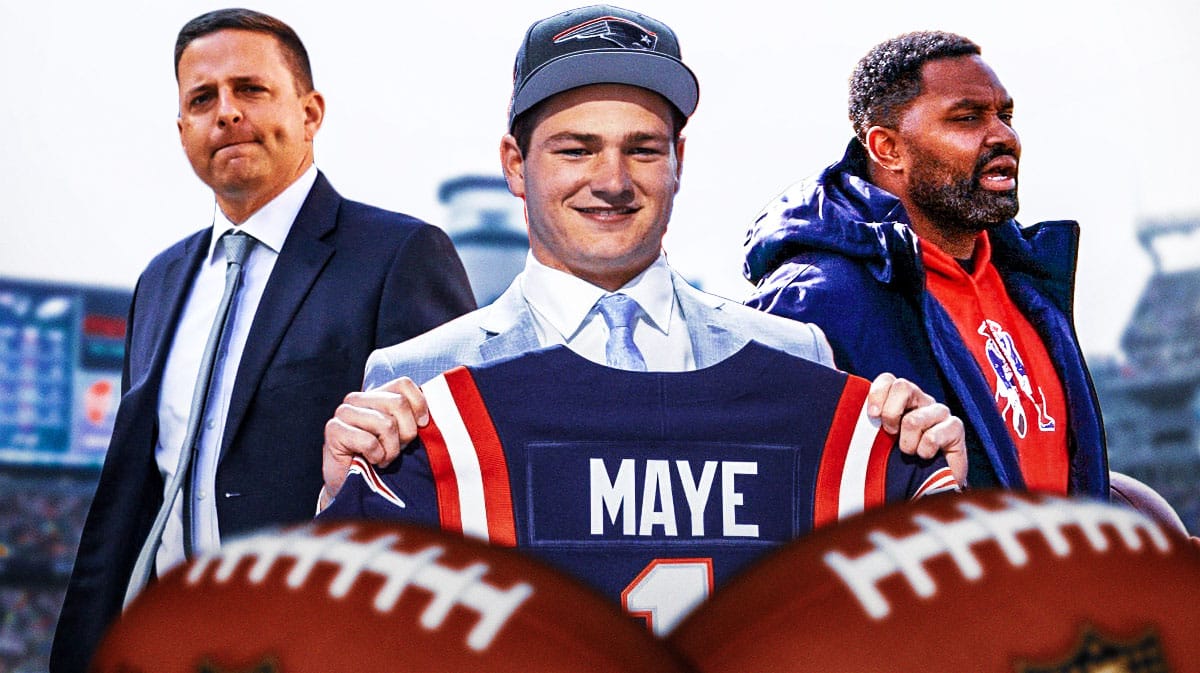 New England Patriots star Drake Maye next to Jerod Mayo and Eliot Wold in front of Gillette Stadium.
