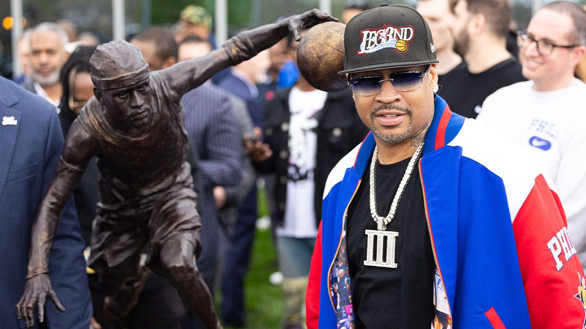 Philadelphia 76ers great Allen Iverson during the unveiling of the statue honoring him in a ceremony at the Philadelphia 76ers Training Complex. 