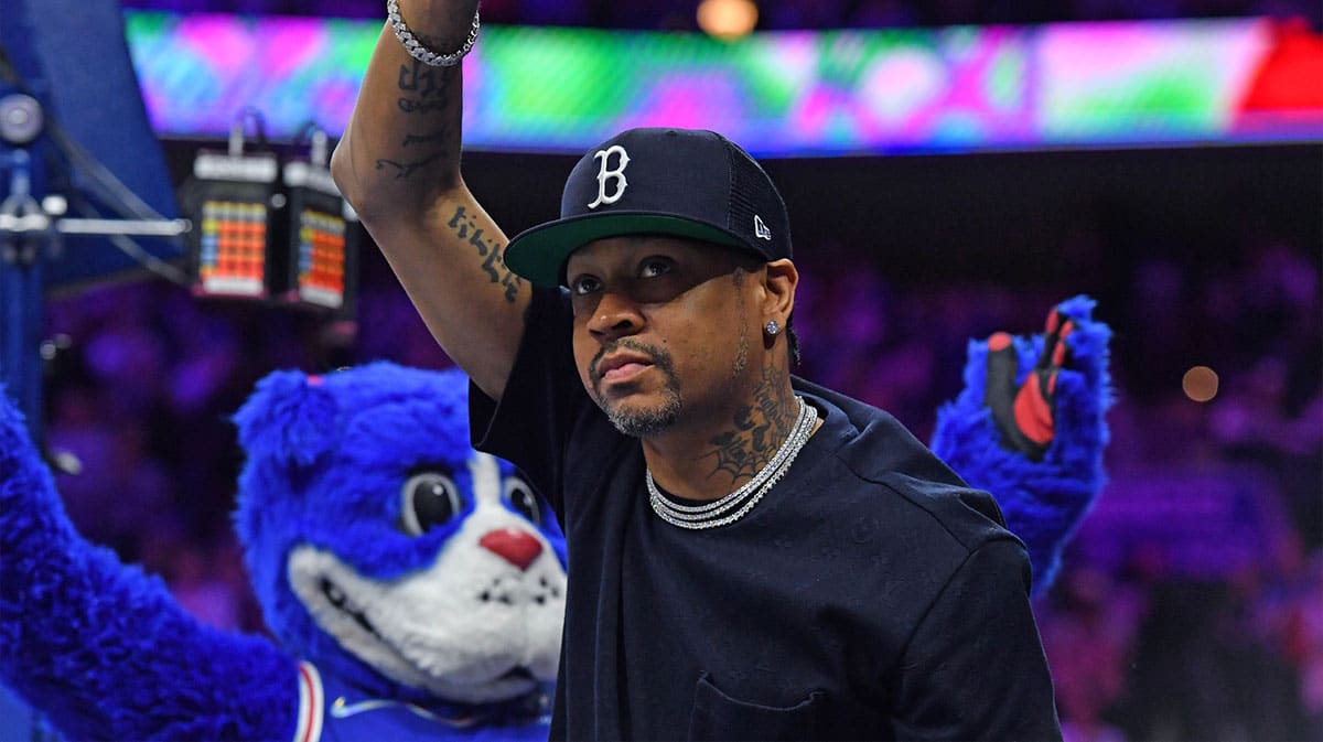 Former Philadelphia 76ers player Allen Iverson acknowledges the crowd during the game against the Brooklyn Nets during the second quarter at Wells Fargo Center.